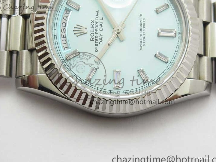 0417 SoftTouch Day-Date 40mm 228239 BP New Dial Version 904 SS Ice Blue T Crystal Markers Dial on SS President Bracelet A 2822